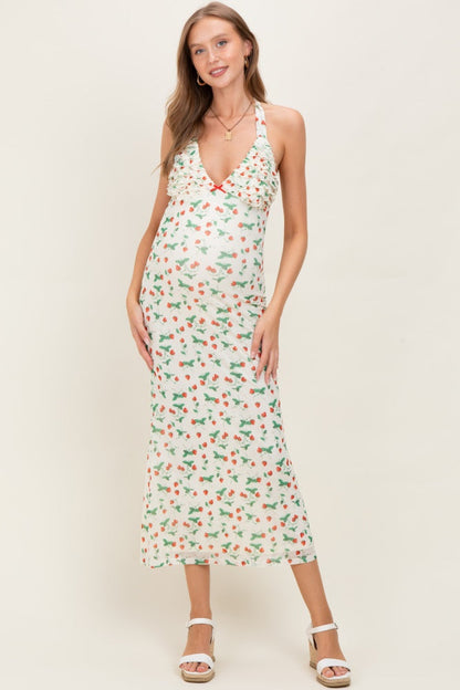 Ivory Strawberry Print Ruffle Detail Halter Maternity Maxi Dress