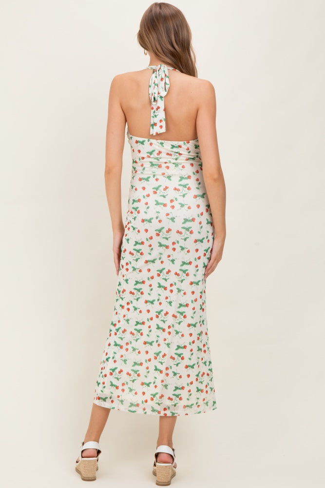 Ivory Strawberry Print Ruffle Detail Halter Maternity Maxi Dress