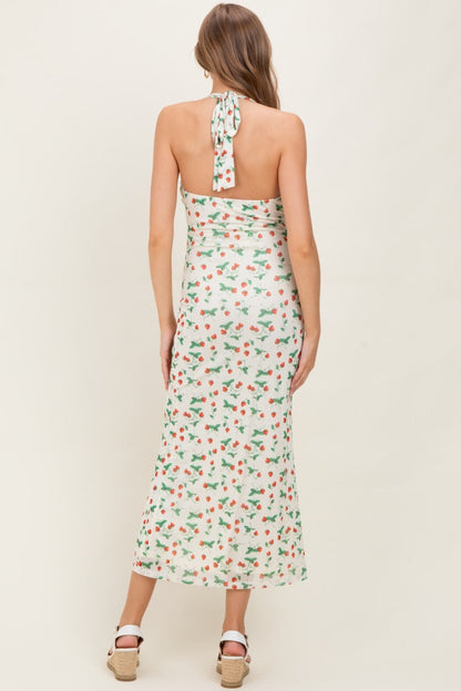 Ivory Strawberry Print Ruffle Detail Halter Maternity Maxi Dress