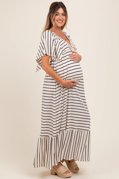 Cream/ Black Stripe Knit Flutter Sleeve V-Neck Tiered Maternity Maxi Dress