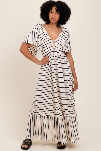 Cream/ Black Stripe Knit Flutter Sleeve V-Neck Tiered Maternity Maxi Dress