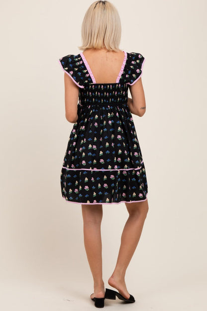 Black Floral Ruffle Strap Maternity Mini Dress