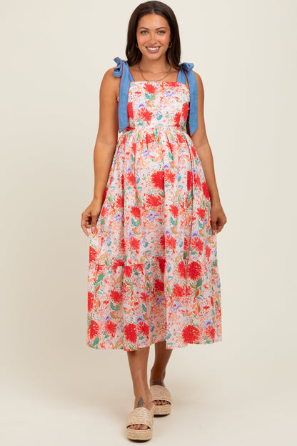 Red Floral Contrast Shoulder Tie Maternity Midi Dress