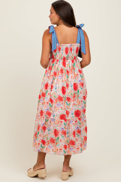 Red Floral Contrast Shoulder Tie Maternity Midi Dress