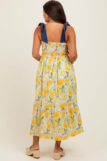 Yellow Floral Contrast Shoulder Tie Maternity Midi Dress