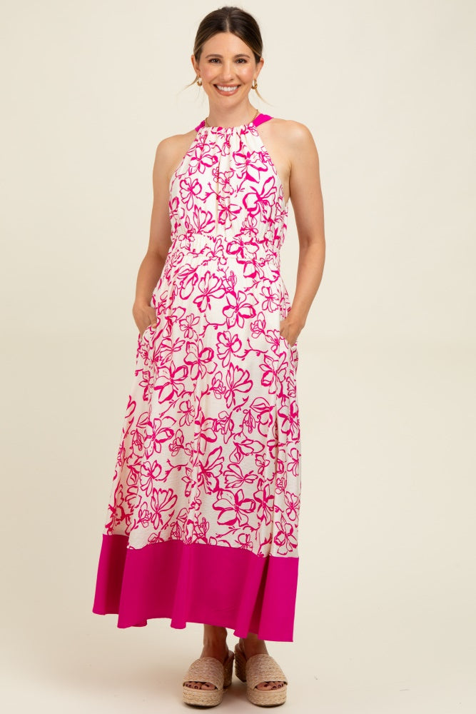 Fuchsia Floral Bow Tie Sleeveless Maternity Midi Dress