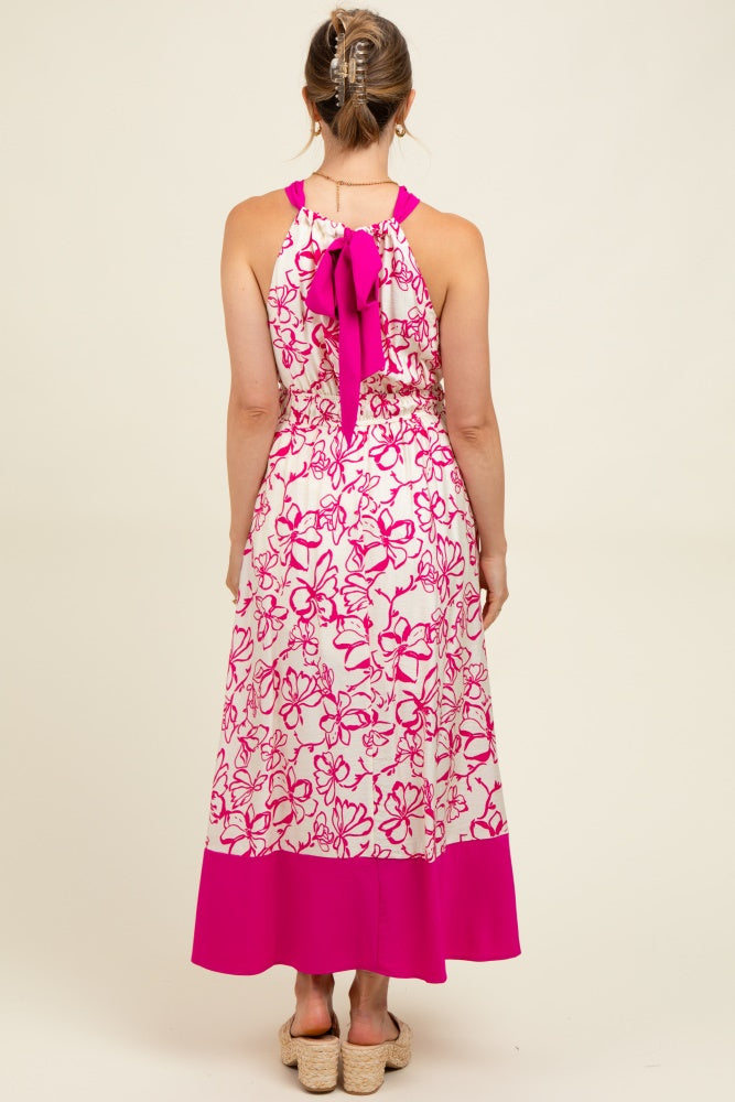 Fuchsia Floral Bow Tie Sleeveless Maternity Midi Dress