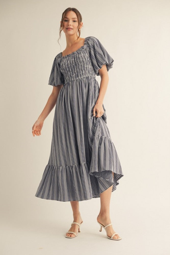 Navy Gingham Smocked Puff Sleeve Maternity Midi Dress