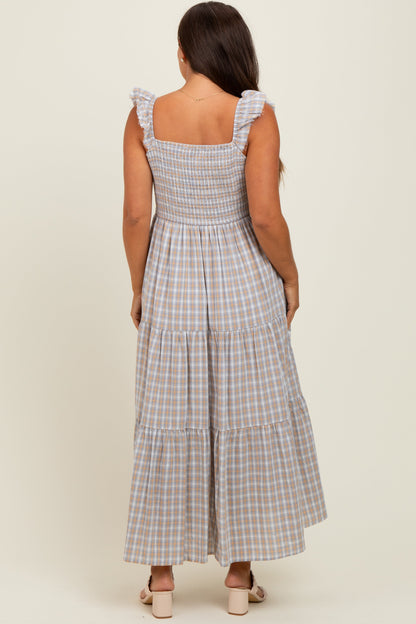 Light Blue Cotton Plaid Maternity Maxi Dress