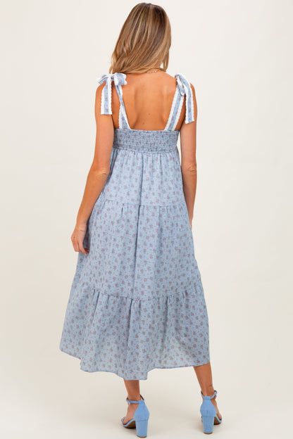 Blue Floral Gingham Shoulder Tie Maternity Midi Dress