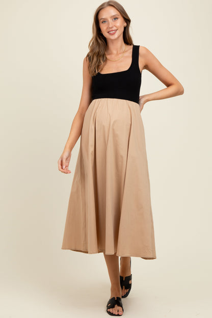 Beige Black Contrast Knit Poplin Sleeveless Maternity Midi Dress