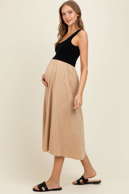 Beige Black Contrast Knit Poplin Sleeveless Maternity Midi Dress