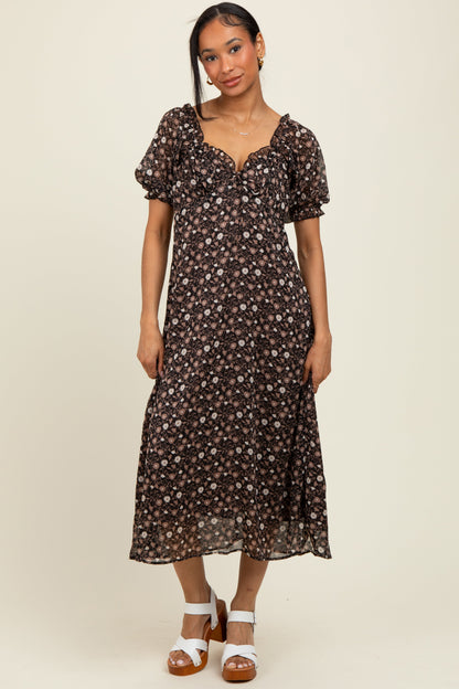 Black Floral Chiffon Sweetheart Puff Sleeve Maternity Midi Dress