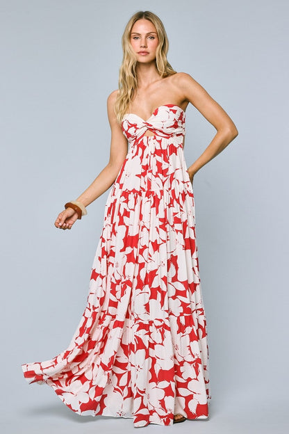 Red Floral Strapless Cutout Back Maternity Maxi Dress