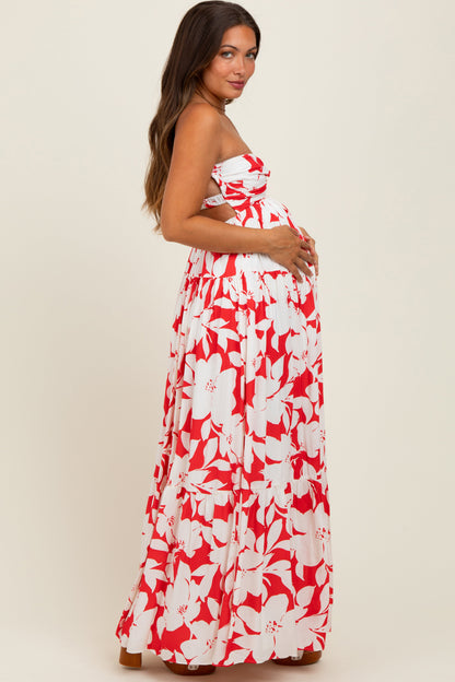 Red Floral Strapless Cutout Back Maternity Maxi Dress
