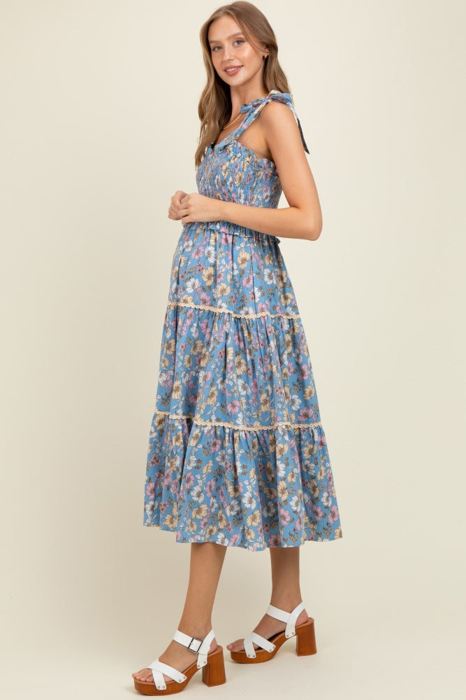 Denim Floral Smocked Ruffled Lace Trim Maternity Midi Dress
