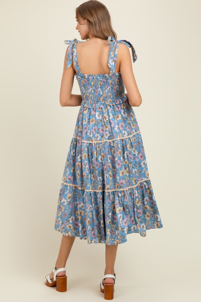 Denim Floral Smocked Ruffled Lace Trim Maternity Midi Dress