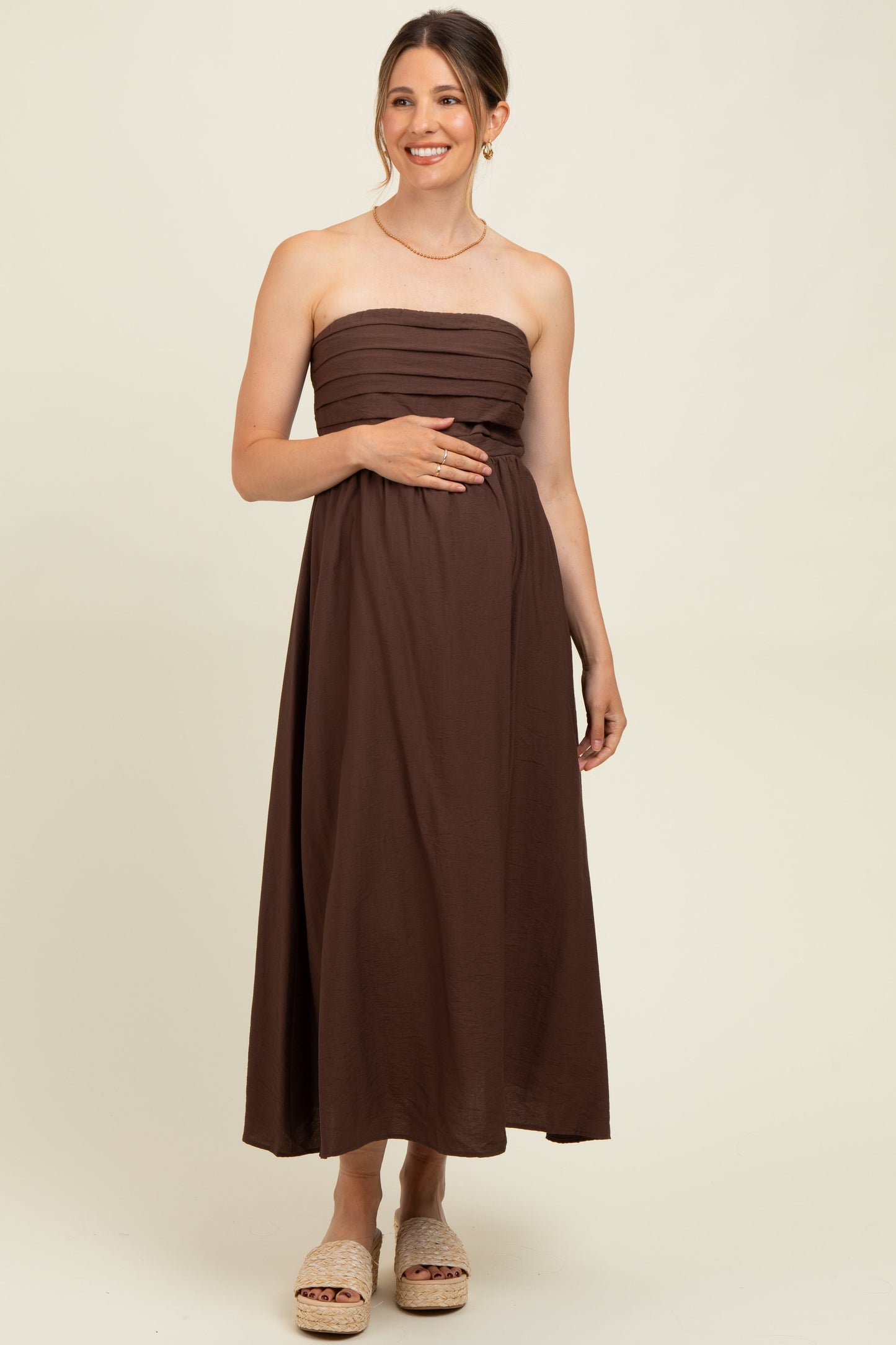 Brown Pleated Bodice Strapless Maternity Midi Dress