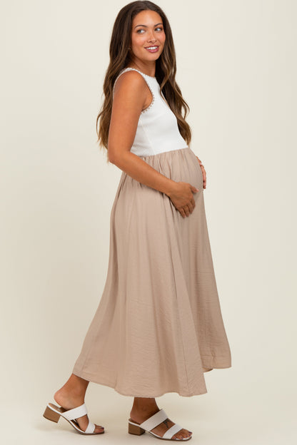Beige Contrast Knit Top Sleeveless Maternity Midi Dress
