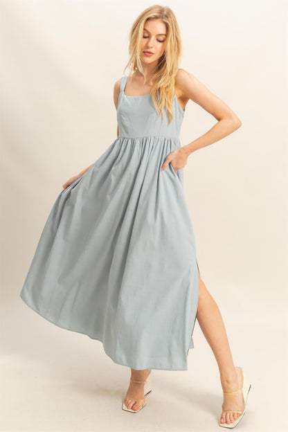 Light Blue Square Neck Fit And Flare Maternity Midi Dress