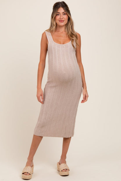 Beige Wide Ribbed Sweater Knit Maternity Midi Dress
