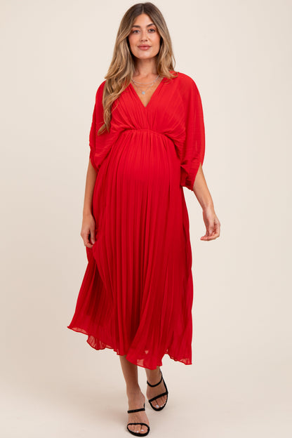 Red Pleated V Neck Maternity Maxi Dress