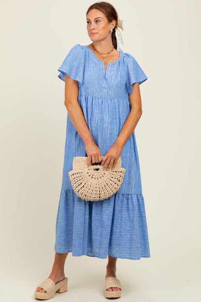 Blue/Silver Striped Short Sleeve V-Neck Tiered Maternity Midi Dress