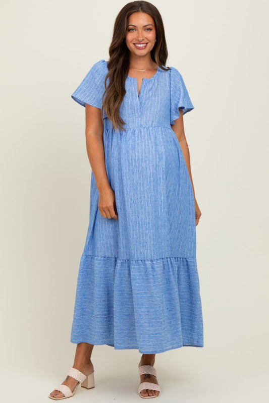 Blue/Silver Striped Short Sleeve V-Neck Tiered Maternity Midi Dress