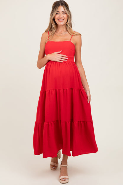 Red Tiered Cutout Tie Back Maternity Midi Dress