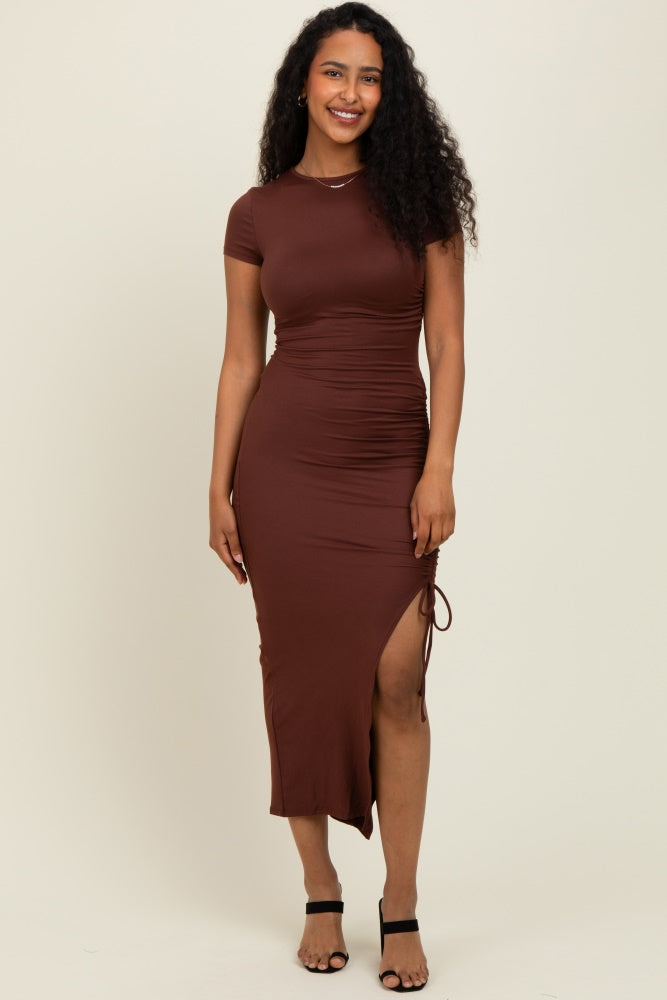 Brown Side Slit Maternity Maxi Dress