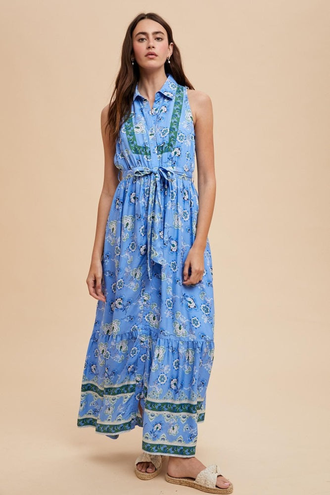 Blue Border Print Collared Button Down Maternity Maxi Dress