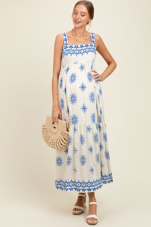 Blue Border Print Sleeveless Tiered Maternity Maxi Dress