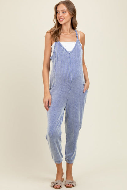 Royal Blue Ribbed Sleeveless Maternity Jumpsuit
