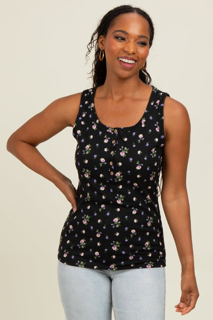 Black Floral Ribbed Button Front Maternity Tank Top