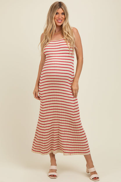 Red Striped Ribbed Sleeveless Maternity Maxi Dress