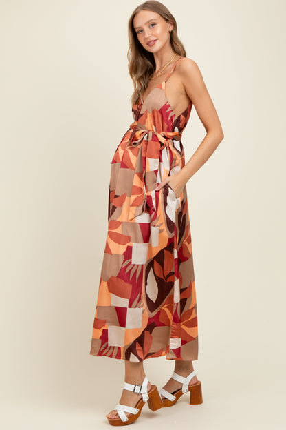 Rust Geometric Print Sash Tie Maternity Maxi Dress