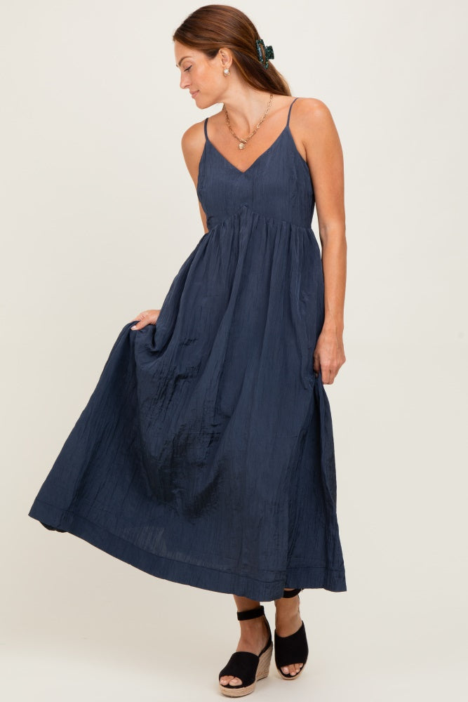 Navy Crinkle Texture V-Neck Sleeveless Maternity Dress