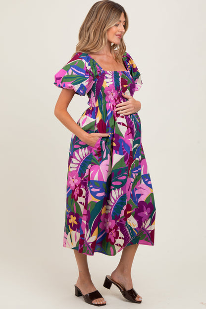 Purple Tropical Smocked Puff Sleeve Maternity Midi Dress