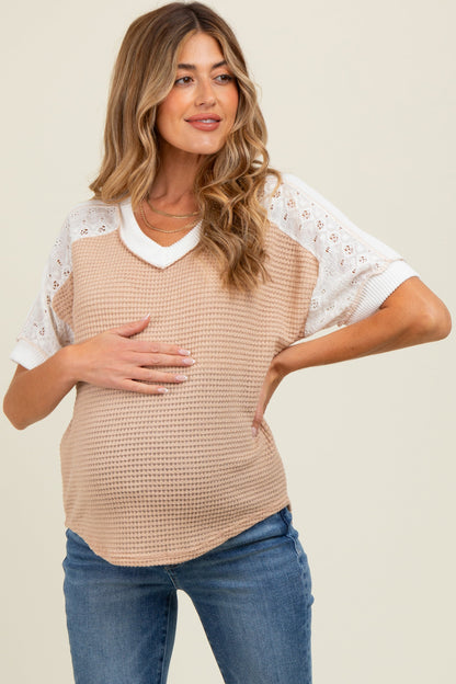 Beige Lace Inset V-Neck Short Sleeve Maternity Top