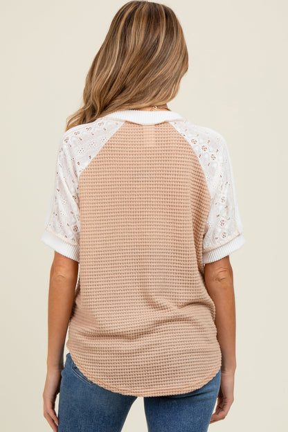 Beige Lace Inset V-Neck Short Sleeve Maternity Top