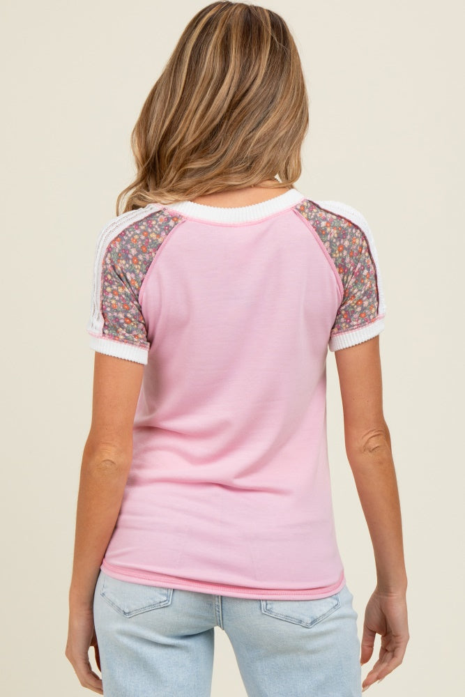 Pink Floral Contrast Short Sleeve Maternity Top