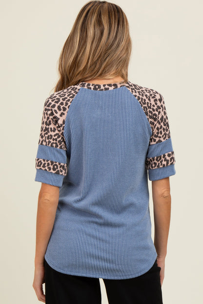 Blue Ribbed Animal Print Contrast Short Sleeve Maternity Top
