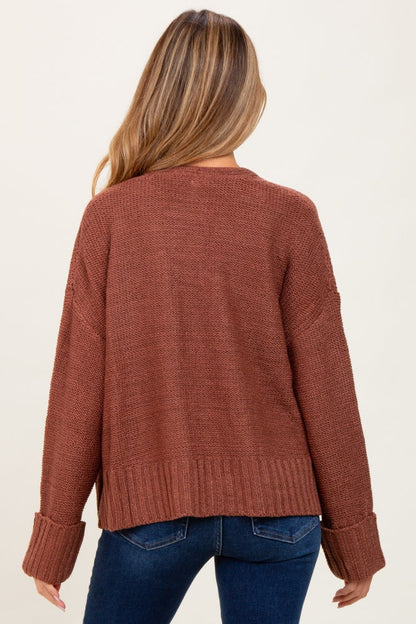 Rust Contrast Knit Open Maternity Cardigan