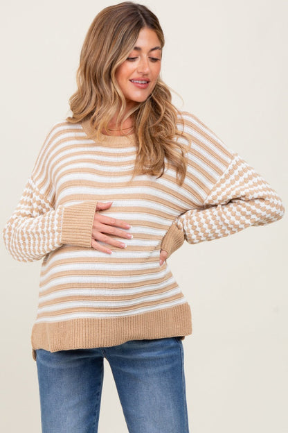 Taupe Striped Dot Contrast Knit Maternity Sweater