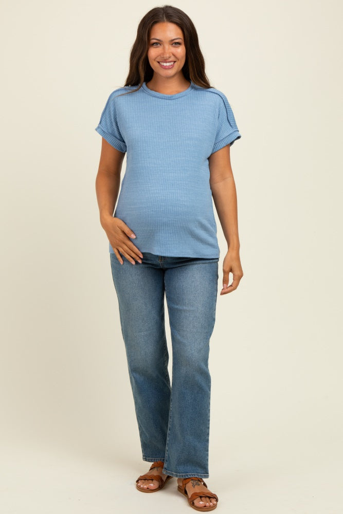 Blue Ribbed Exposed Seam Short Sleeve Maternity Top