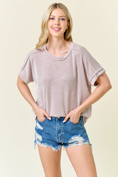 Taupe Ribbed Exposed Seam Maternity Short Sleeve Top
