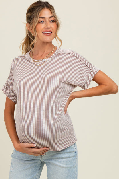 Taupe Ribbed Exposed Seam Maternity Short Sleeve Top