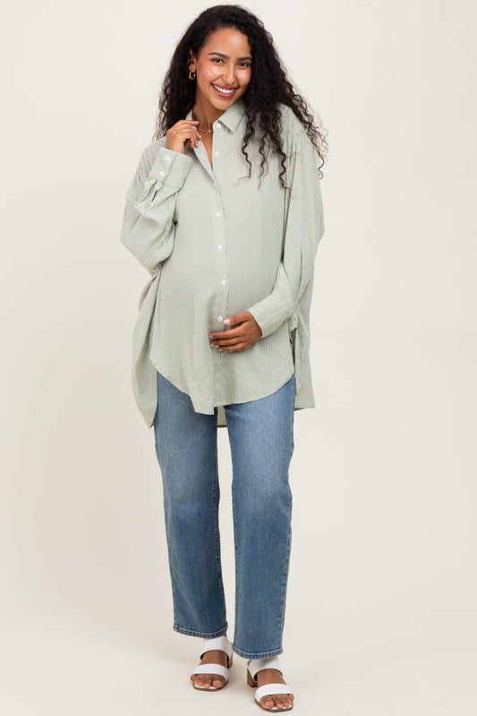 Light Olive Striped Oversized Maternity Button Down Shirt