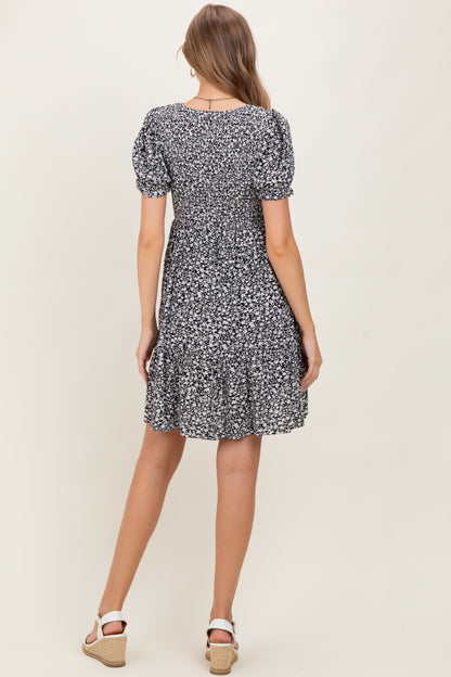 Black Floral Puff Sleeve Smocked Maternity Dress