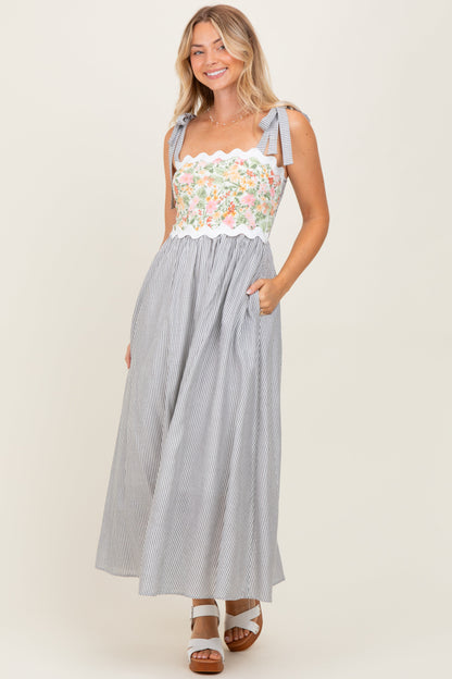 Grey Floral Striped Sleeveless Shoulder Tie Maternity Midi Dress